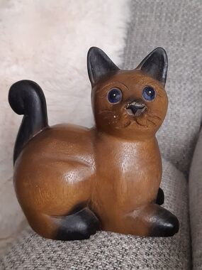 1970s Wooden Cat Figurine - Brown with Black Accents